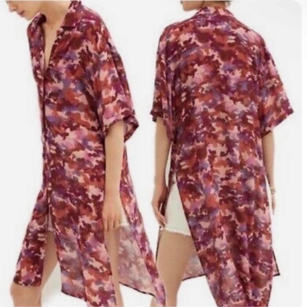 Anthropologie breezy tunic shirt button down pink combo medium bin 313
